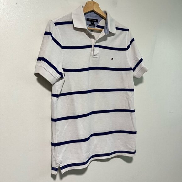 Tommy Hilfiger Men’s Small White & Navy Striped Polo Shirt - Performance Pique - Picture 11 of 12